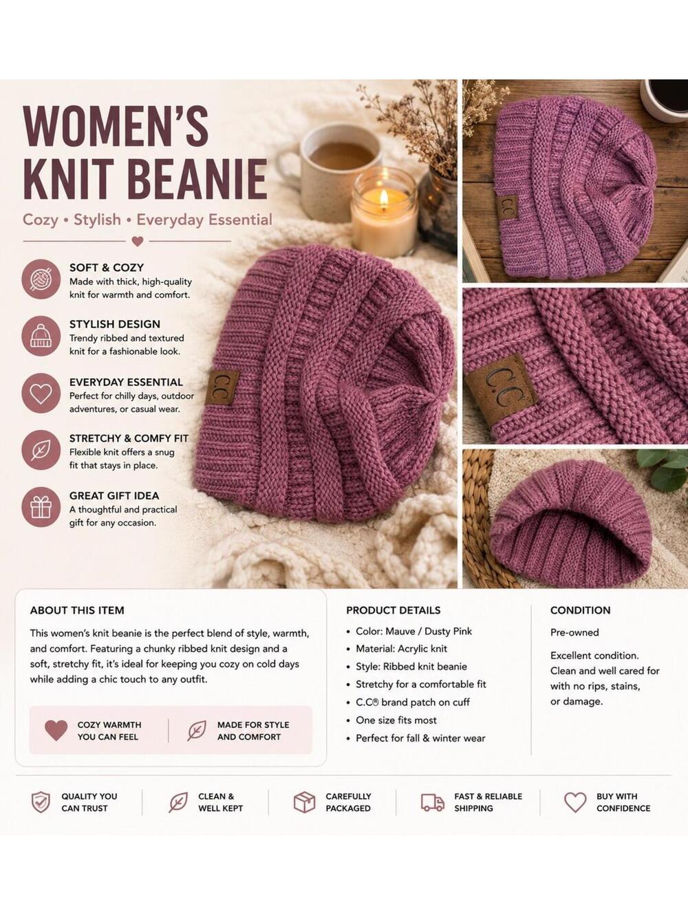 Women’s Knit Beanie – Mauve Pink – Cozy Ribbed Winter Hat